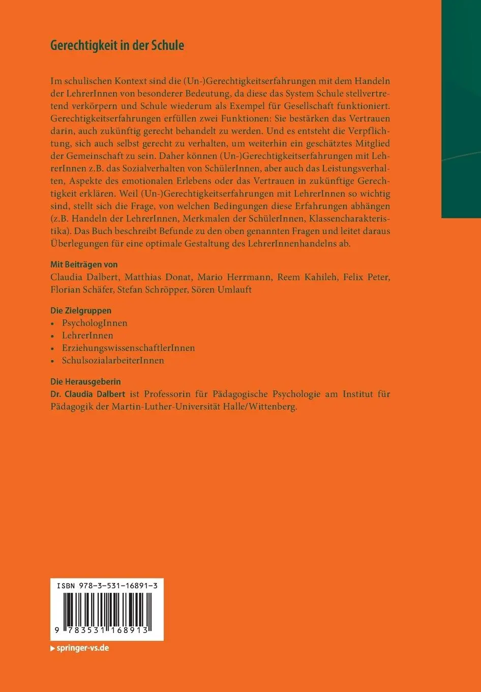 Rückseite: 9783531168913 | Gerechtigkeit in der Schule | Claudia Dalbert | Taschenbuch | x | 2013