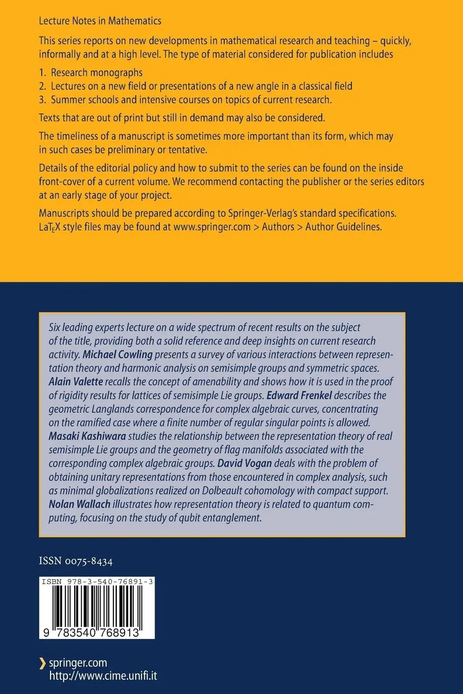 Rückseite: 9783540768913 | Representation Theory and Complex Analysis | Michael Cowling (u. a.)