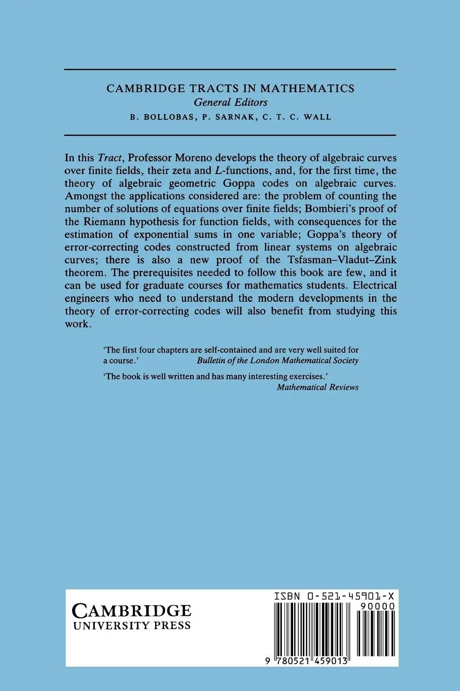 Rückseite: 9780521459013 | 97 Algebraic Curves Over Finite Fields | Carlos Moreno | Taschenbuch