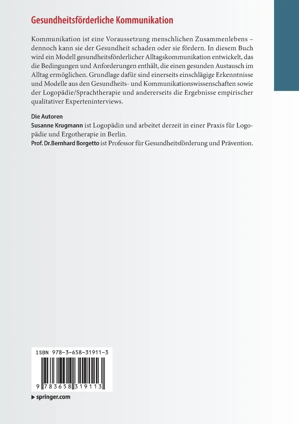 Rückseite: 9783658319113 | Gesundheitsförderliche Kommunikation | Bernhard Borgetto (u. a.) | xi