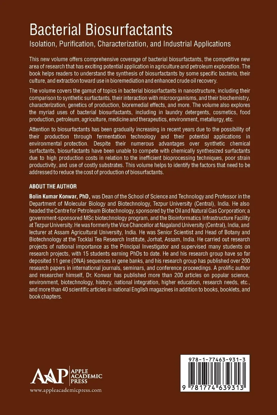 Rückseite: 9781774639313 | Bacterial Biosurfactants | Bolin Kumar Konwar | Taschenbuch | Englisch