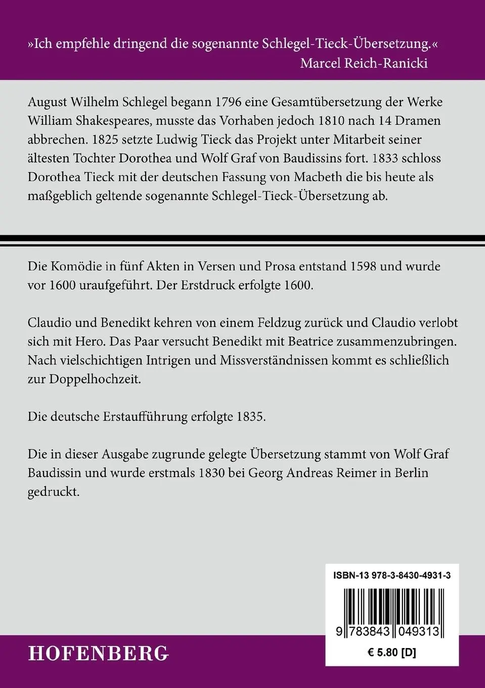 Rückseite: 9783843049313 | Viel Lärm um nichts | William Shakespeare | Taschenbuch | 88 S. | 2015