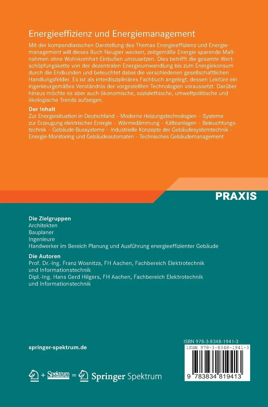 Rückseite: 9783834819413 | Energieeffizienz und Energiemanagement | Hans Gerd Hilgers (u. a.)
