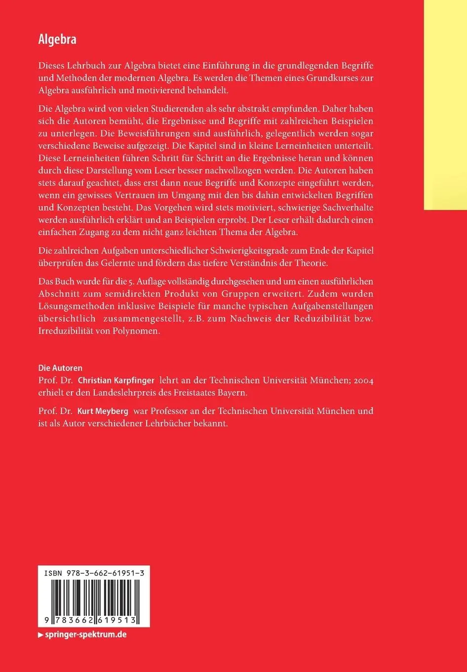 Rückseite: 9783662619513 | Algebra | Gruppen - Ringe - Körper | Christian Karpfinger (u. a.)