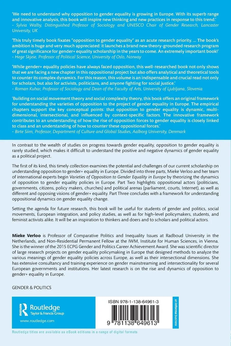 Rückseite: 9781138649613 | Varieties of Opposition to Gender Equality in Europe | Mieke Verloo