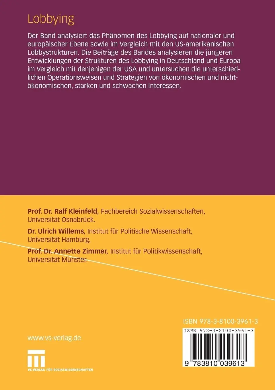 Rückseite: 9783810039613 | Lobbying | Strukturen. Akteure. Strategien | Ralf Kleinfeld (u. a.)