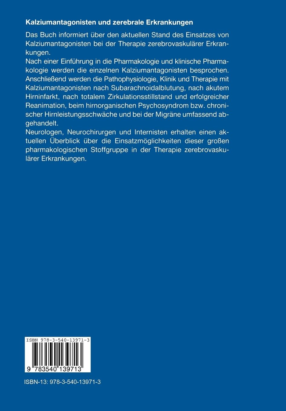 Rückseite: 9783540139713 | Kalziumantagonisten und zerebrale Erkrankungen | V. Hossmann (u. a.)