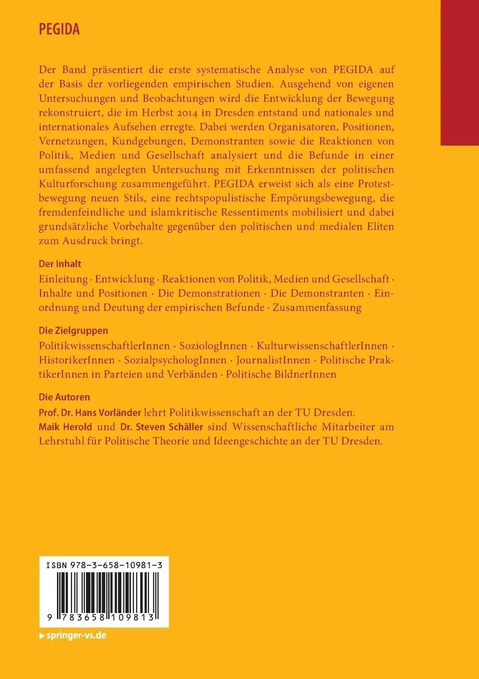 Rückseite: 9783658109813 | PEGIDA | Hans Vorländer (u. a.) | Taschenbuch | VI | Deutsch | 2015