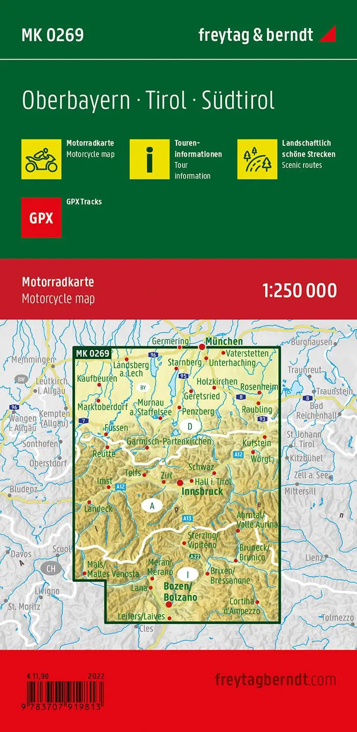 Rückseite: 9783707919813 | Oberbayern - Tirol - Südtirol, Motorradkarte 1:250.000, freytag &amp;...