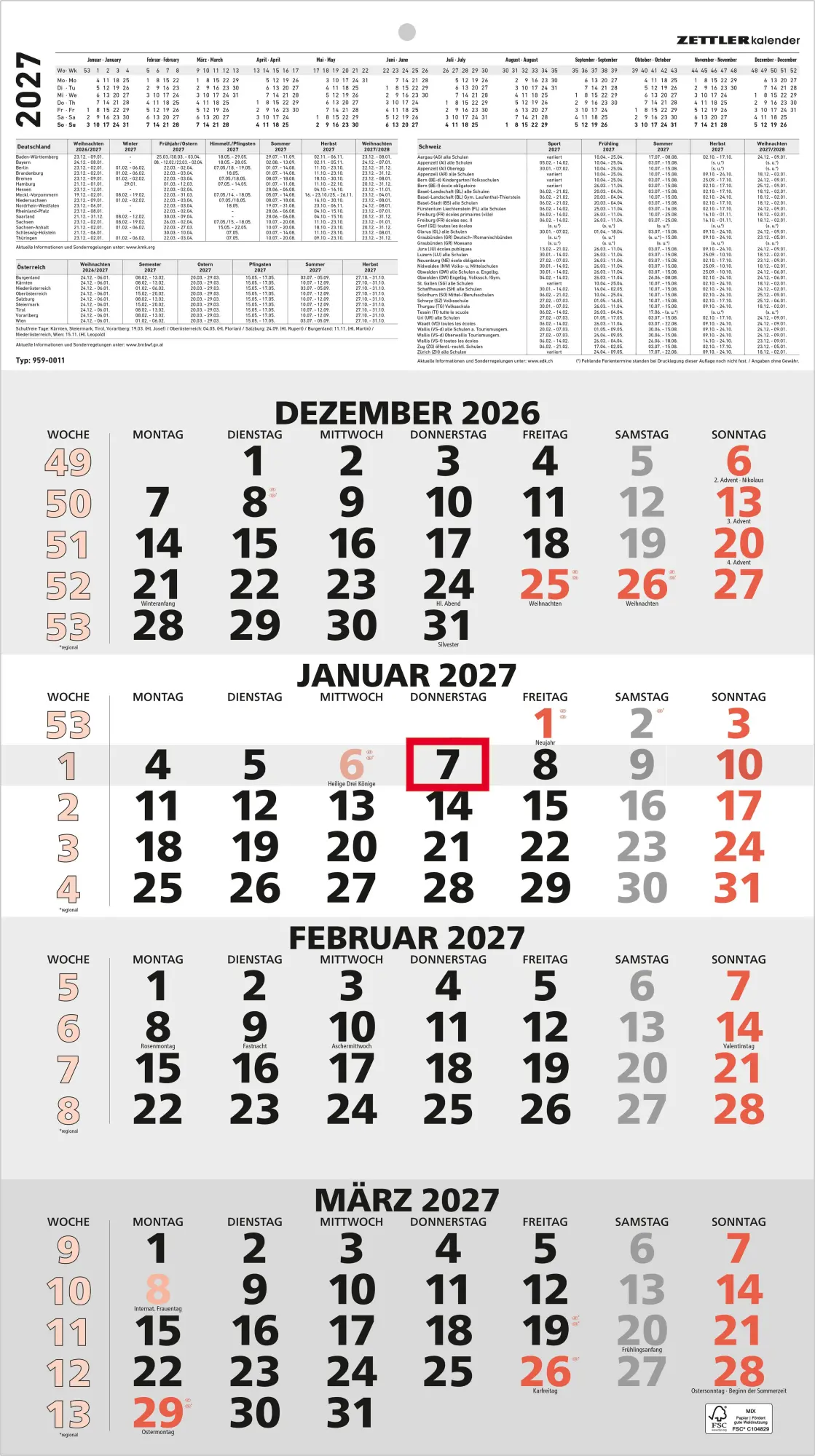 Cover: 4069095010314 | 4-Monatskalender rot 2027 | Neumann Verlage GmbH &amp; Co KG | Kalender