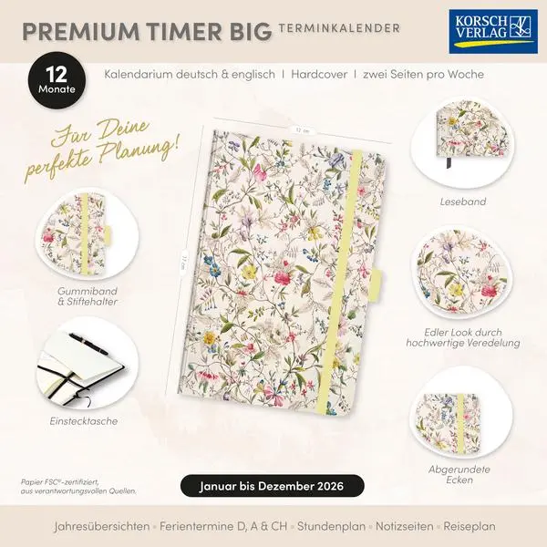 Bild: 9783731890614 | Premium Timer Big "Wild Flowers" 2026 | Verlag Korsch | Buch | 144 S.