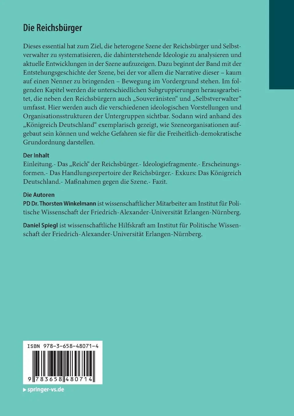 Rückseite: 9783658480714 | Die Reichsbürger | Daniel Spiegl (u. a.) | Taschenbuch | vii | Deutsch