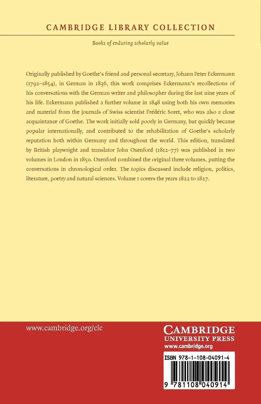 Rückseite: 9781108040914 | Conversations of Goethe with Eckermann and Soret - Volume 1 | Buch