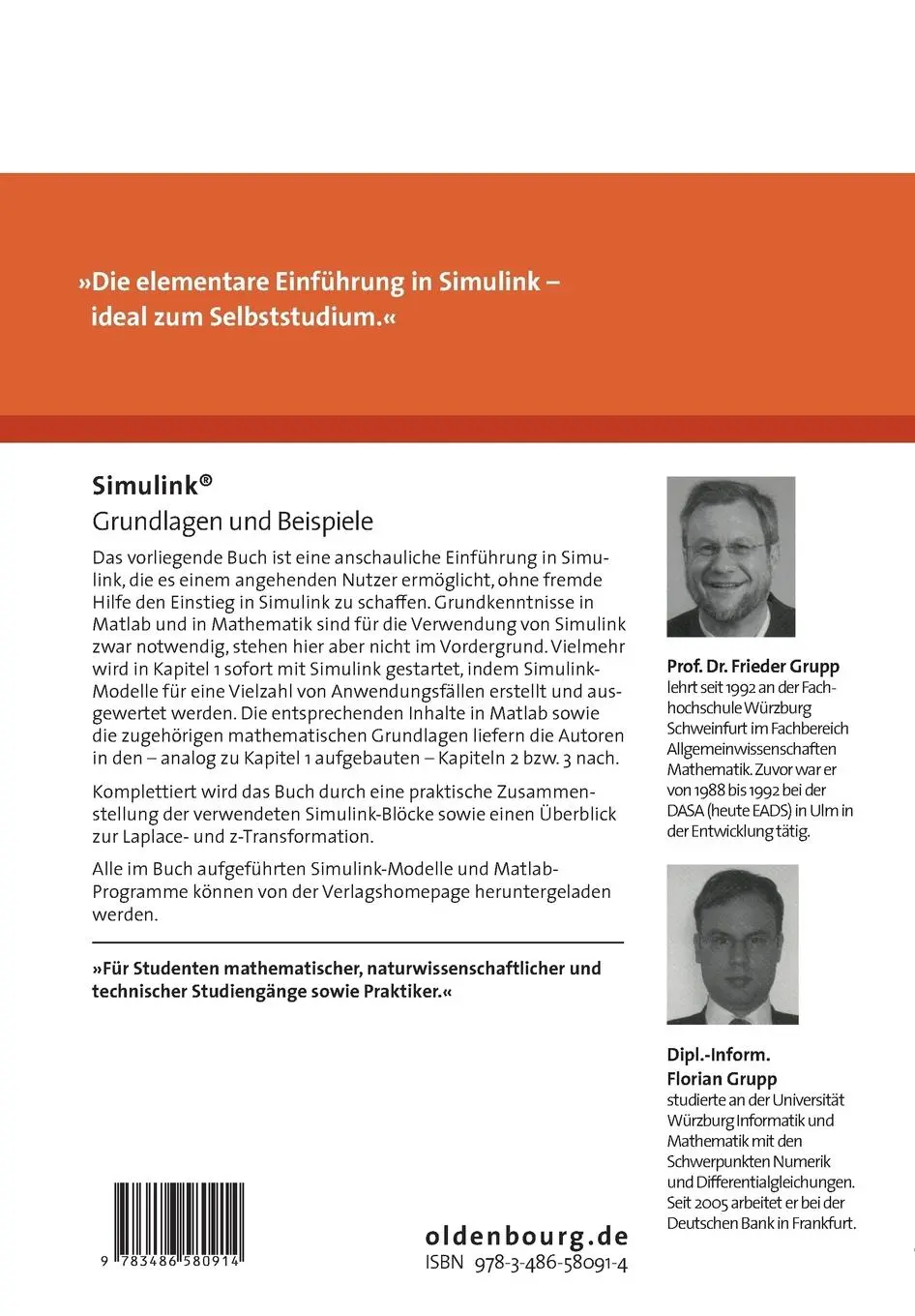 Rückseite: 9783486580914 | Simulink | Grundlagen und Beispiele | Florian Grupp (u. a.) | Buch