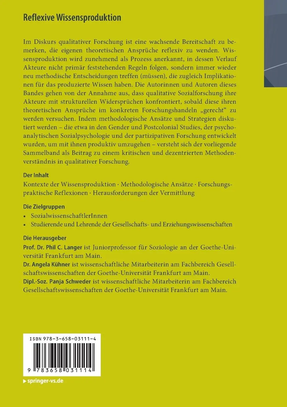 Rückseite: 9783658031114 | Reflexive Wissensproduktion | Phil C. Langer (u. a.) | Taschenbuch