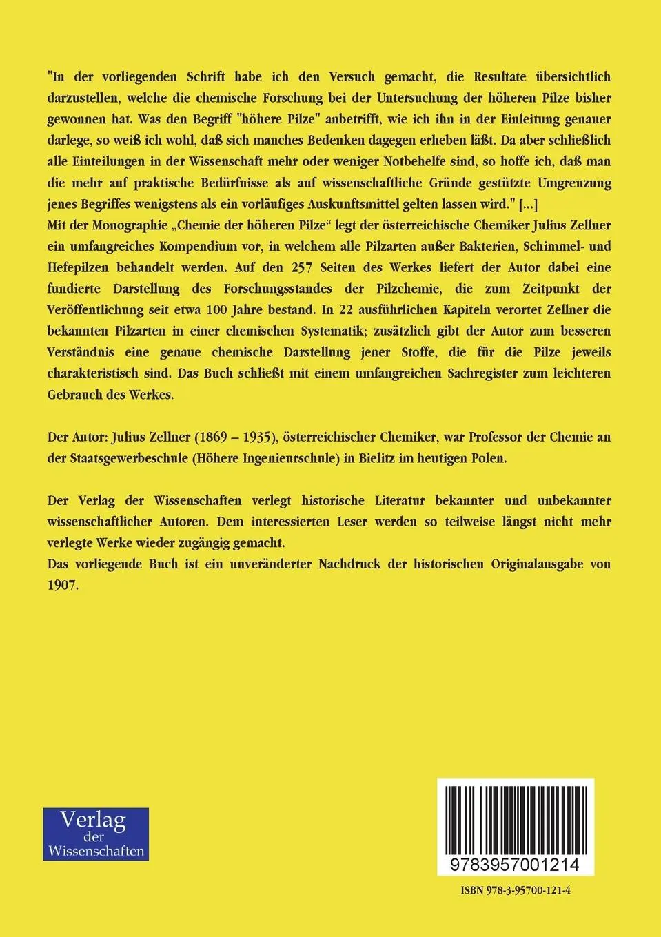 Rückseite: 9783957001214 | Chemie der höheren Pilze | Eine Monographie | Julius Zellner | Buch