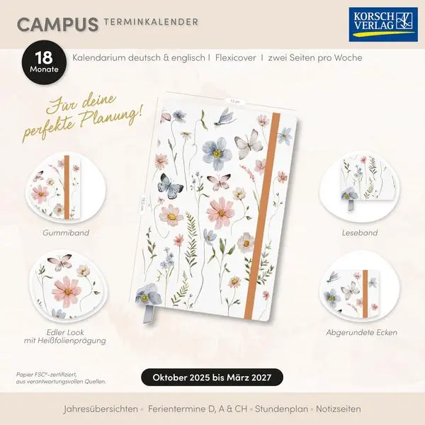 Bild: 9783731891314 | Terminkalender Campus Schmetterlinge 18 Monate 2026/2027 | Korsch
