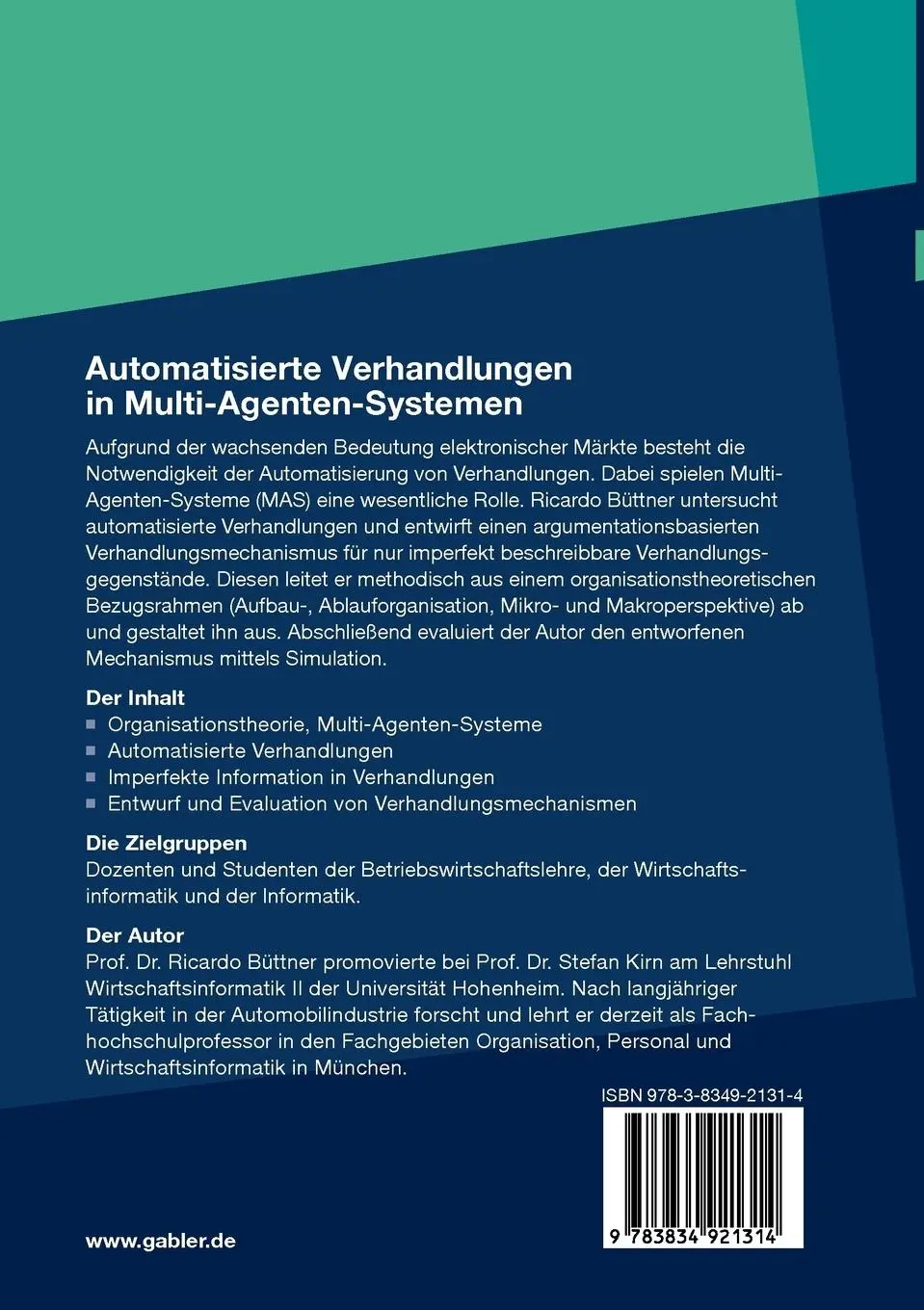 Rückseite: 9783834921314 | Automatisierte Verhandlungen in Multi-Agenten-Systemen | Büttner