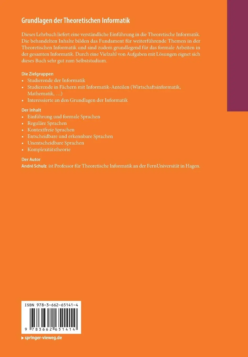 Rückseite: 9783662651414 | Grundlagen der Theoretischen Informatik | André Schulz | Taschenbuch