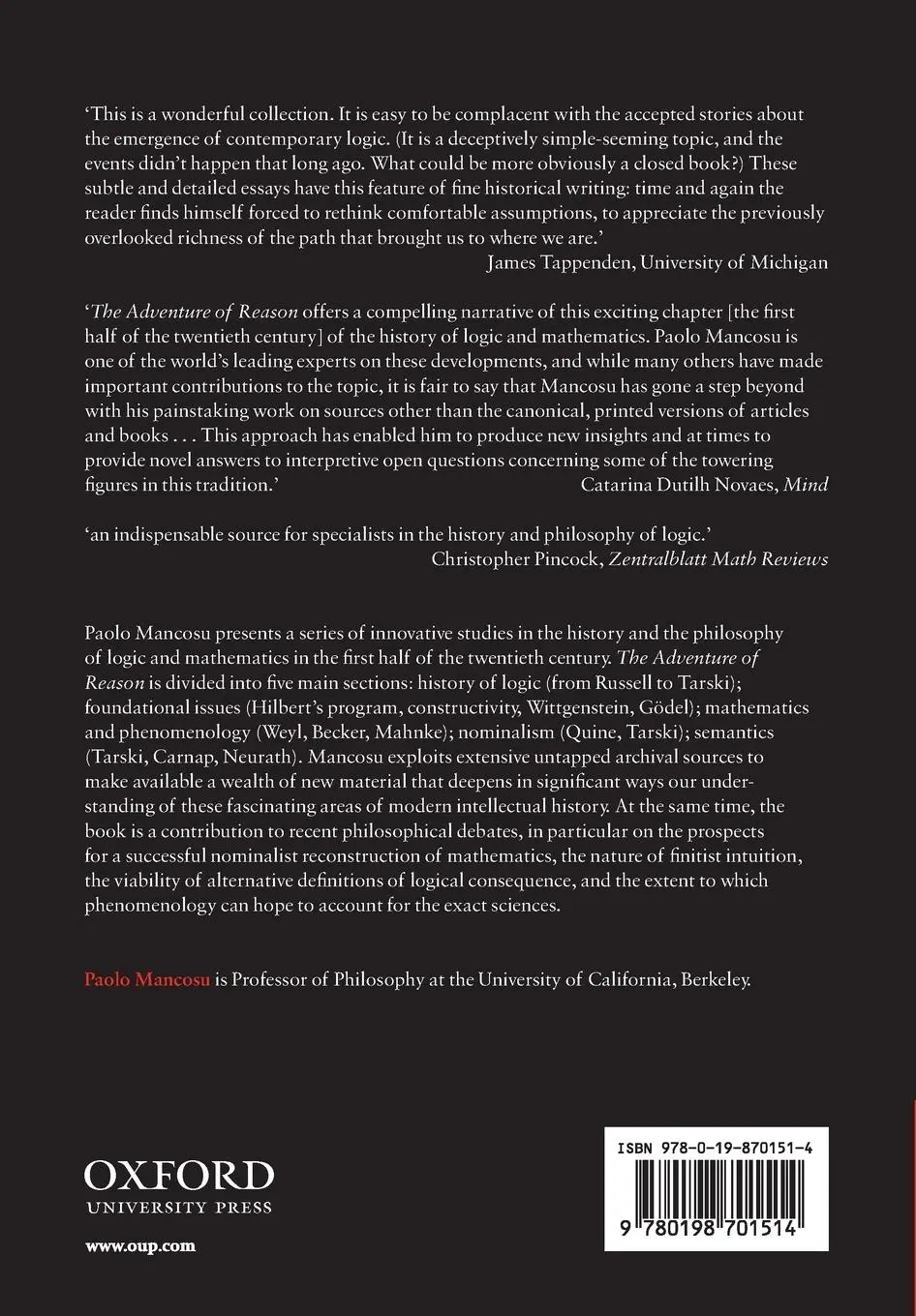 Rückseite: 9780198701514 | The Adventure of Reason | Paolo Mancosu | Taschenbuch | Englisch