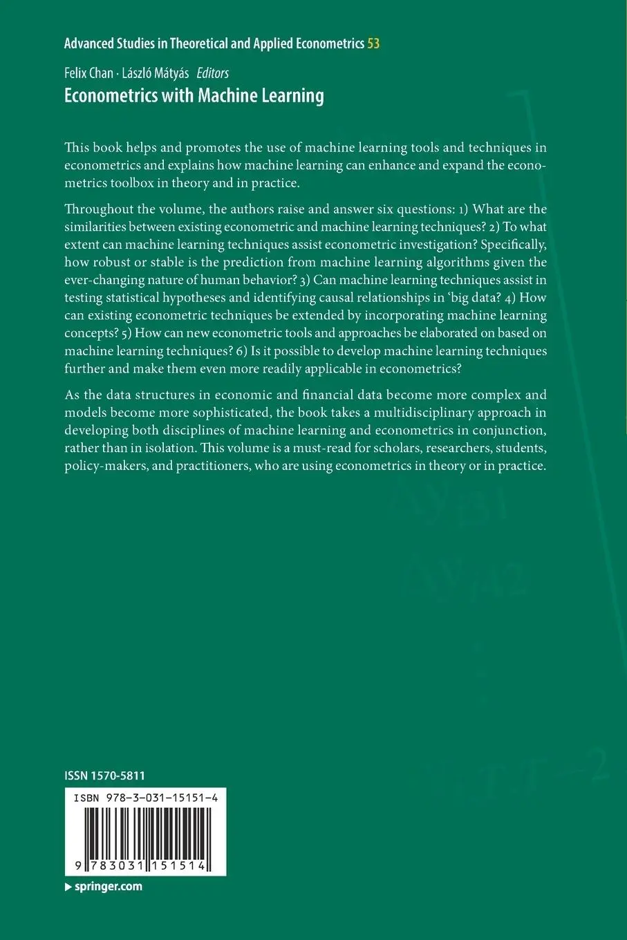 Rückseite: 9783031151514 | Econometrics with Machine Learning | Felix Chan (u. a.) | Taschenbuch