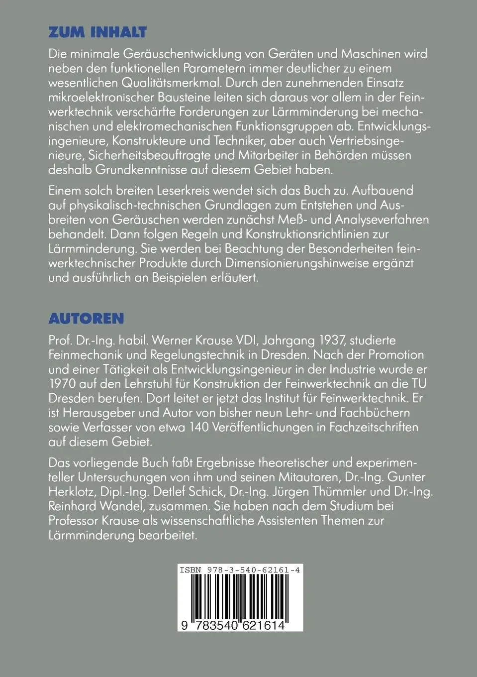 Rückseite: 9783540621614 | Lärmminderung in der Feinwerktechnik | Werner Krause | Taschenbuch | x