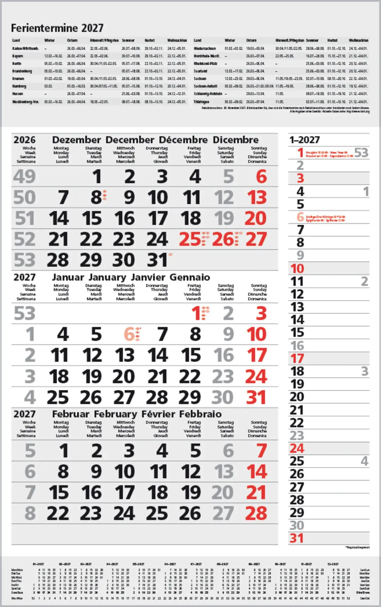 Cover: 9783819302114 | 3-Monats-Planer Combi Grau 2027 | Verlag Korsch | Kalender | 12 S.