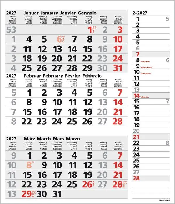 Bild: 9783819302114 | 3-Monats-Planer Combi Grau 2027 | Verlag Korsch | Kalender | 12 S.