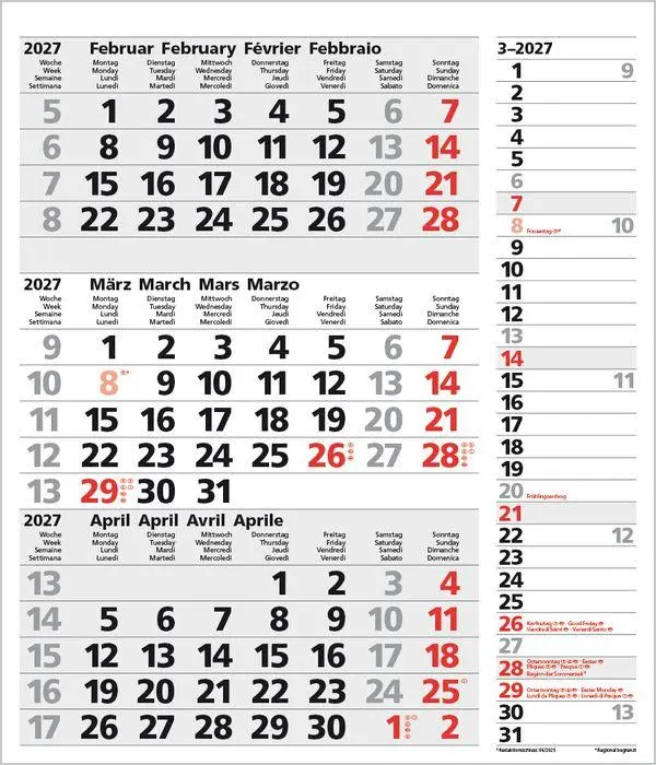 Bild: 9783819302114 | 3-Monats-Planer Combi Grau 2027 | Verlag Korsch | Kalender | 12 S.