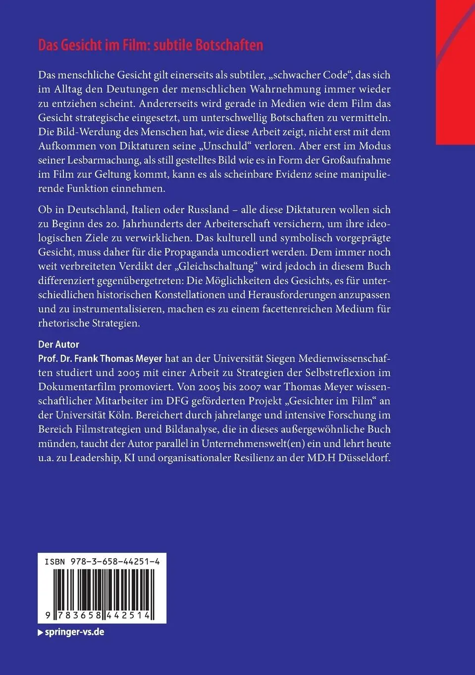 Rückseite: 9783658442514 | Das Gesicht im Film: subtile Botschaften | Frank Thomas Meyer | Buch