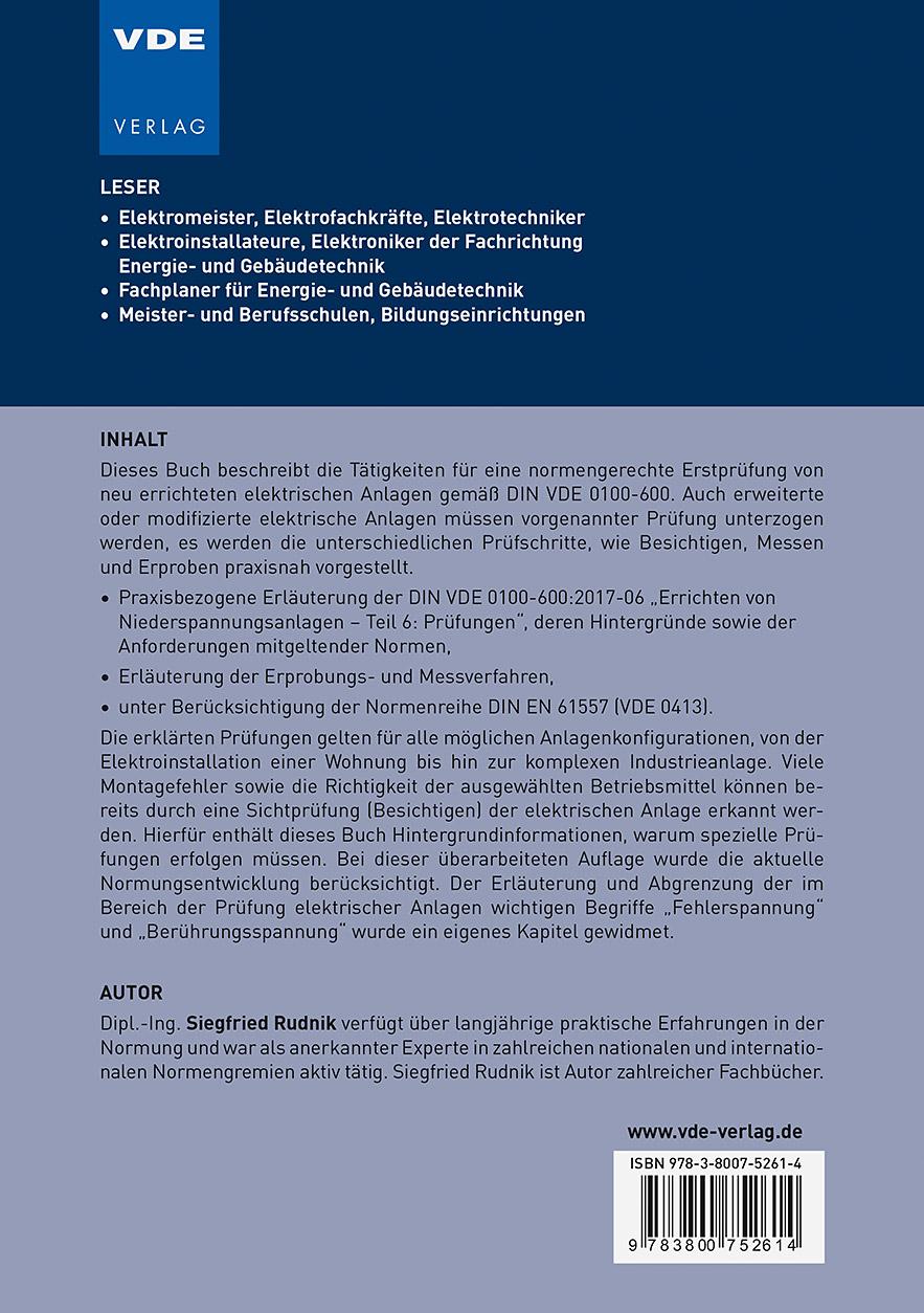 Rückseite: 9783800752614 | Erstprüfung von elektrischen Anlagen | Siegfried Rudnik | Taschenbuch