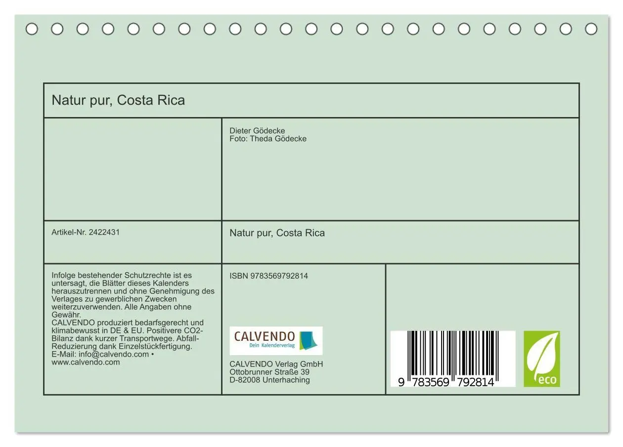 Bild: 9783569792814 | Natur pur, Costa Rica (Tischkalender 2027 DIN A5 quer), CALVENDO...