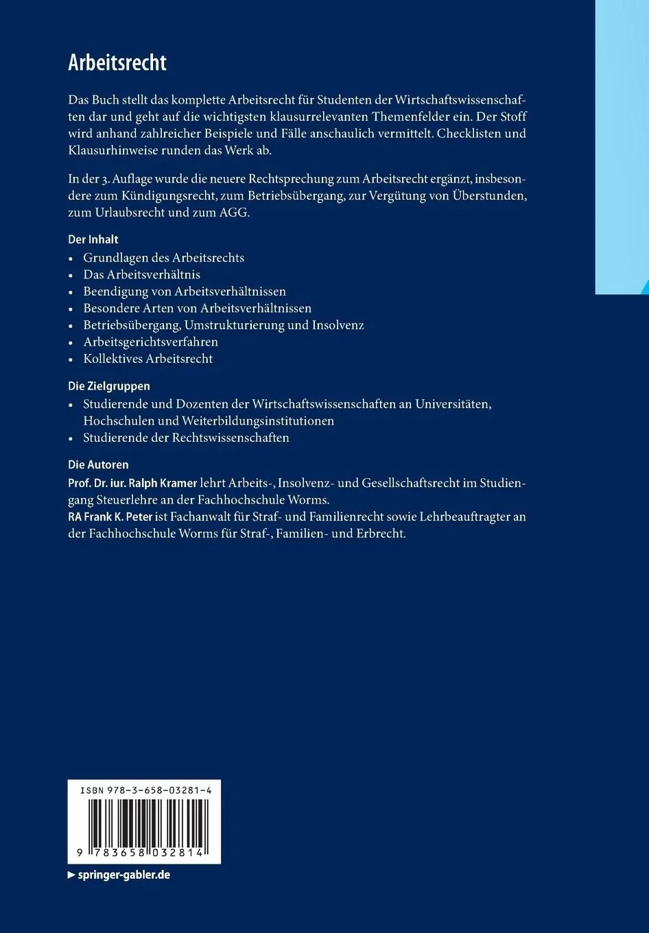 Rückseite: 9783658032814 | Arbeitsrecht | Grundkurs für Wirtschaftswissenschaftler | Taschenbuch