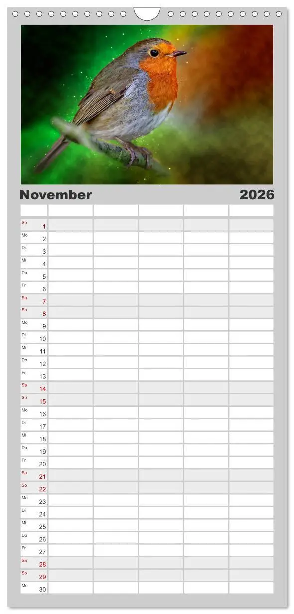 Bild: 9783516522914 | Familienplaner 2026 - Bei uns im Garten - Rotkehlchen mit 5 Spalten...