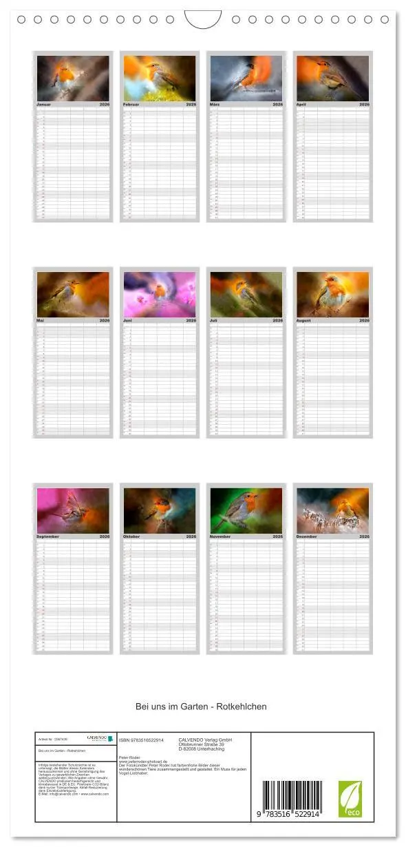 Bild: 9783516522914 | Familienplaner 2026 - Bei uns im Garten - Rotkehlchen mit 5 Spalten...