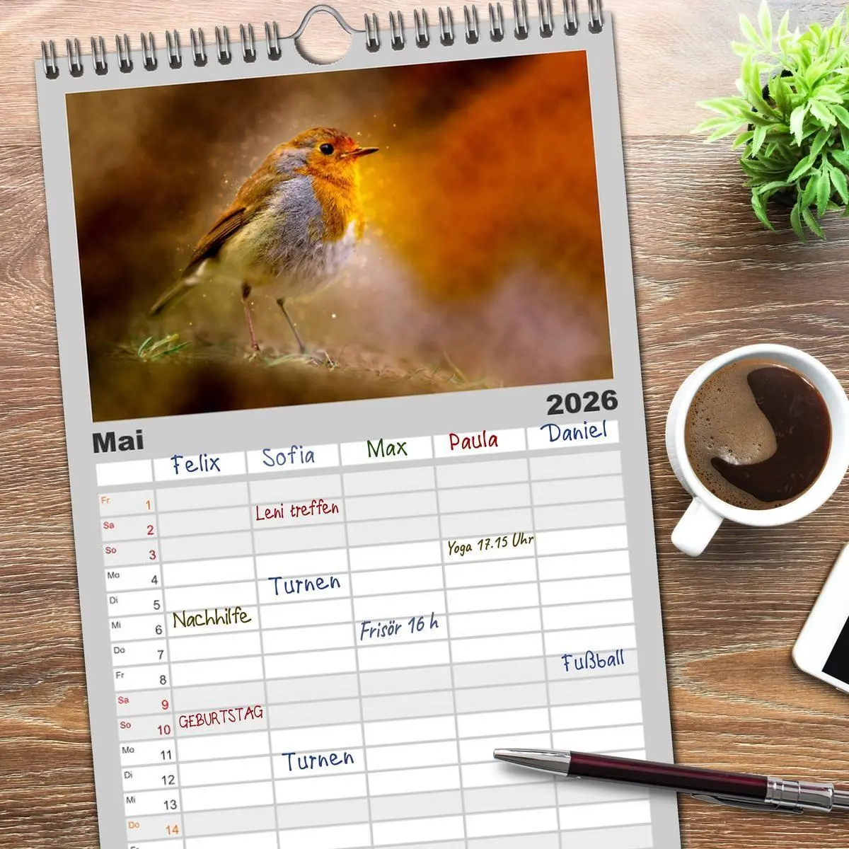 Bild: 9783516522914 | Familienplaner 2026 - Bei uns im Garten - Rotkehlchen mit 5 Spalten...