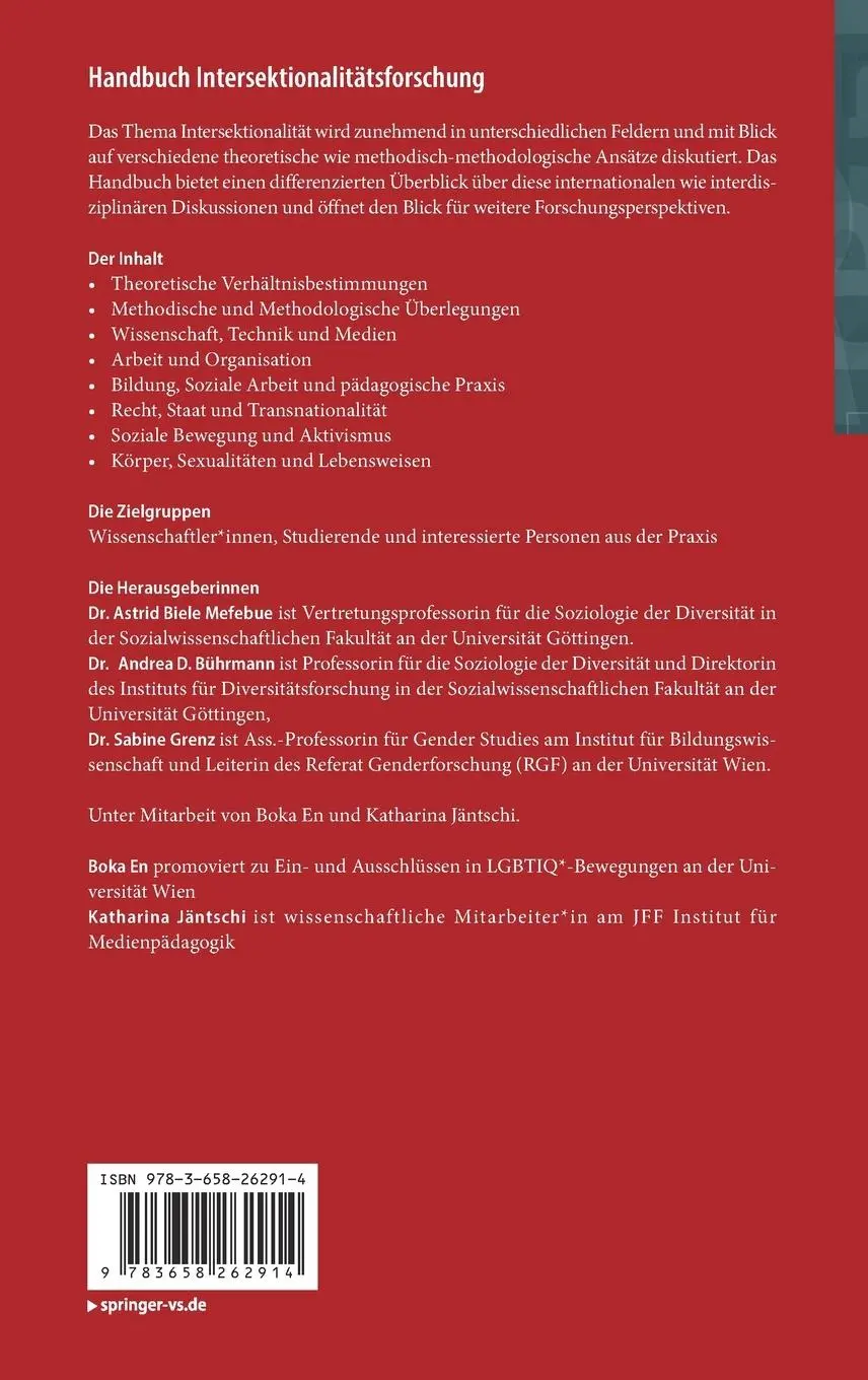 Rückseite: 9783658262914 | Handbuch Intersektionalitätsforschung | Astrid Biele Mefebue (u. a.)