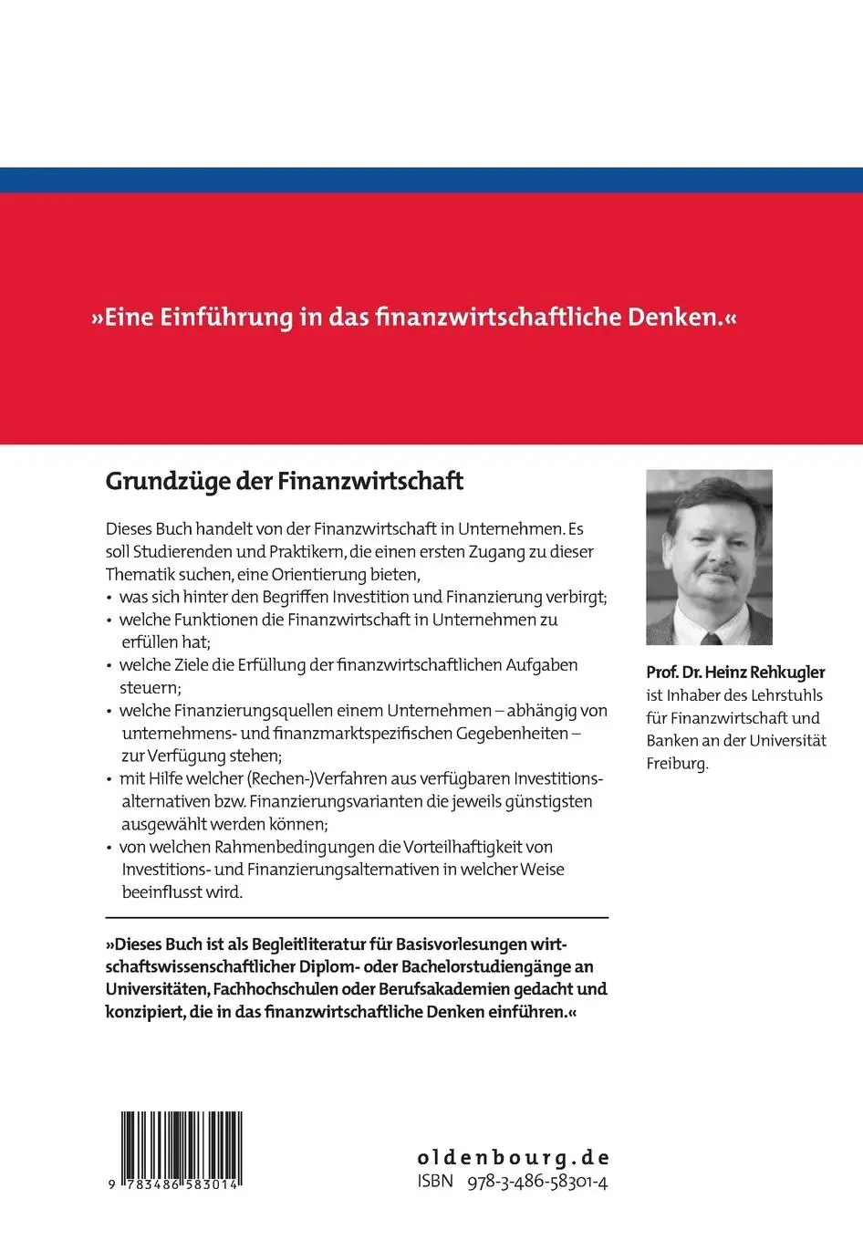 Rückseite: 9783486583014 | Grundzüge der Finanzwirtschaft | Heinz Rehkugler | Taschenbuch | XII