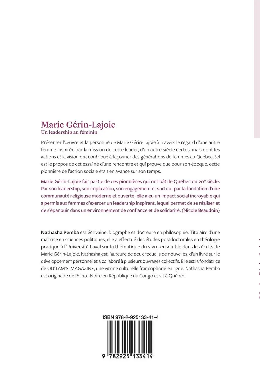 Rückseite: 9782925133414 | Marie Gérin-Lajoie | Natasha Pemba | Taschenbuch | Französisch | 2023