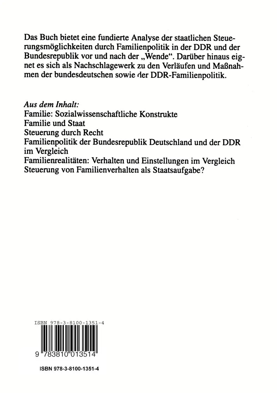 Rückseite: 9783810013514 | Familie und staatliches Handeln | Irene Gerlach | Taschenbuch | 383 S.