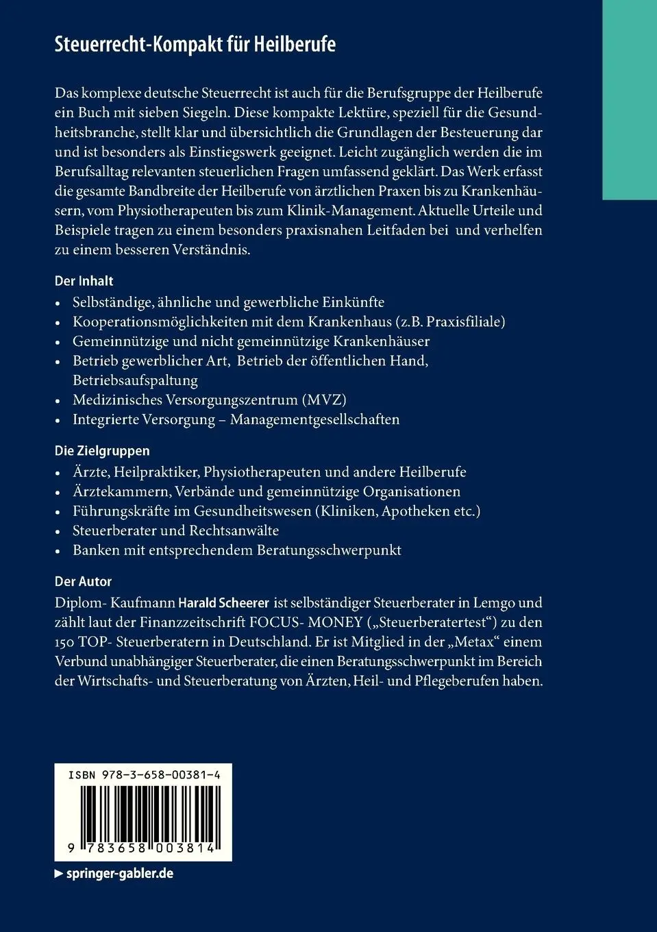 Rückseite: 9783658003814 | Steuerrecht-Kompakt für Heilberufe | Harald Scheerer | Taschenbuch | x