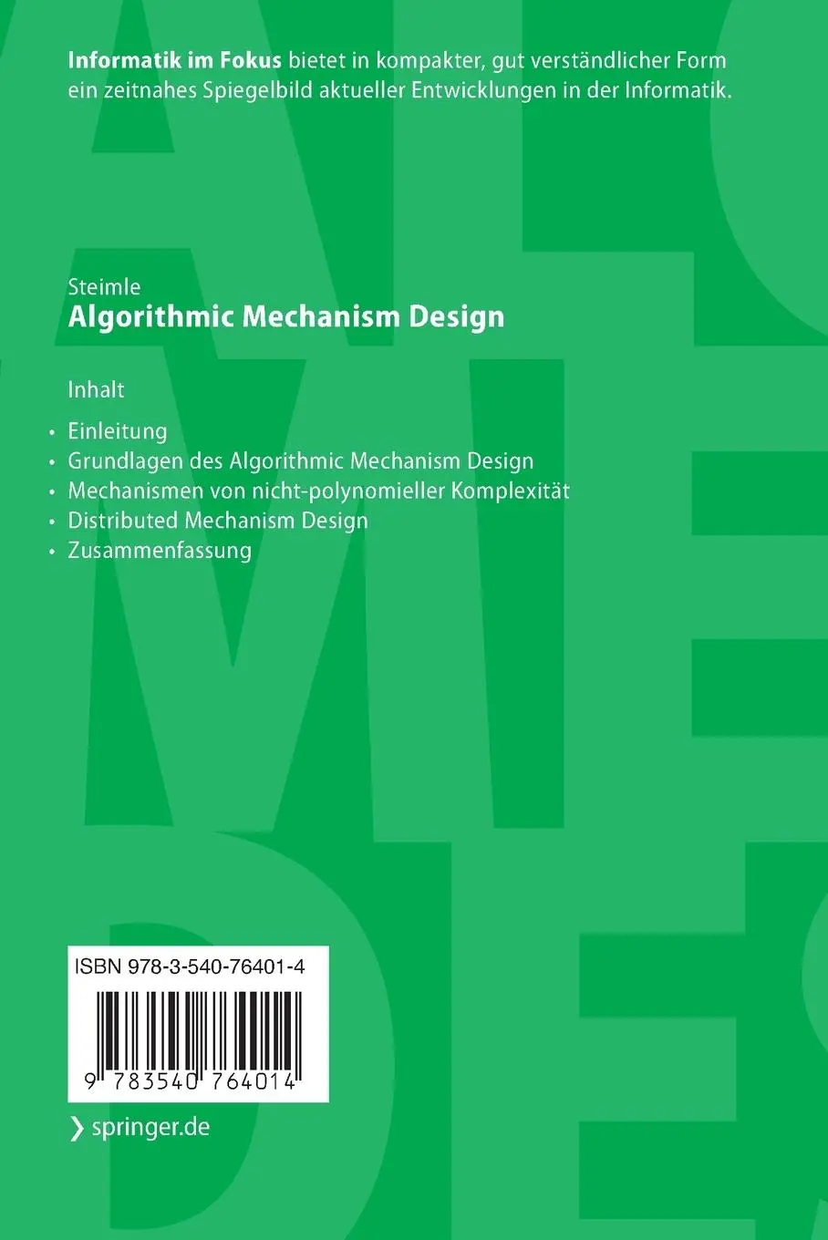 Rückseite: 9783540764014 | Algorithmic Mechanism Design | Eine Einführung | Jürgen Steimle | Buch