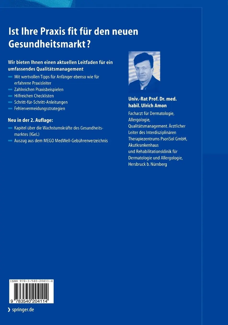 Rückseite: 9783540204114 | Qualitätsmanagement in der Arztpraxis | U. Amon | Taschenbuch | 2004