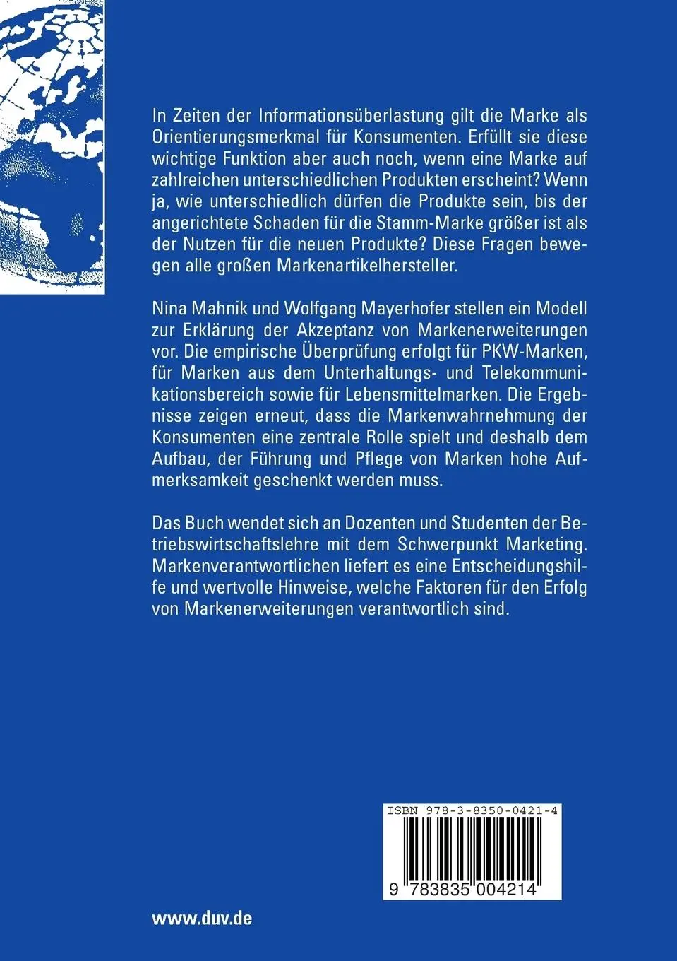 Rückseite: 9783835004214 | Erfolgsfaktoren von Markenerweiterungen | Nina Mahnik (u. a.) | Buch
