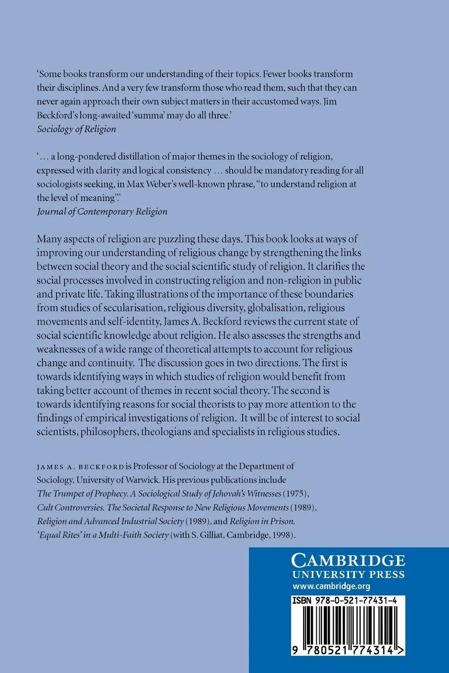 Rückseite: 9780521774314 | Social Theory and Religion | James A. Beckford | Taschenbuch | 2011