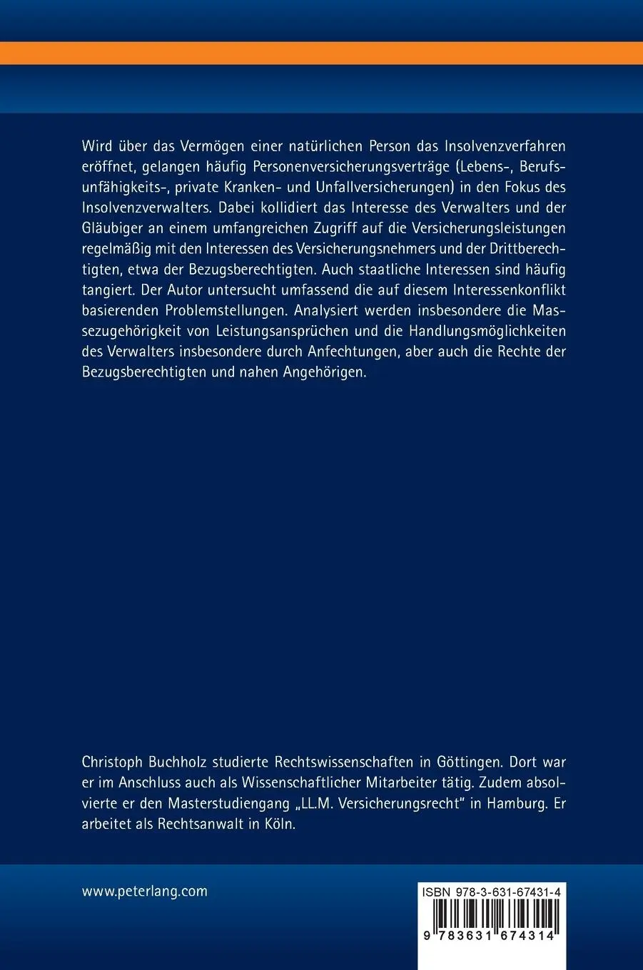 Rückseite: 9783631674314 | Personenversicherungen in der Insolvenz des Versicherungsnehmers