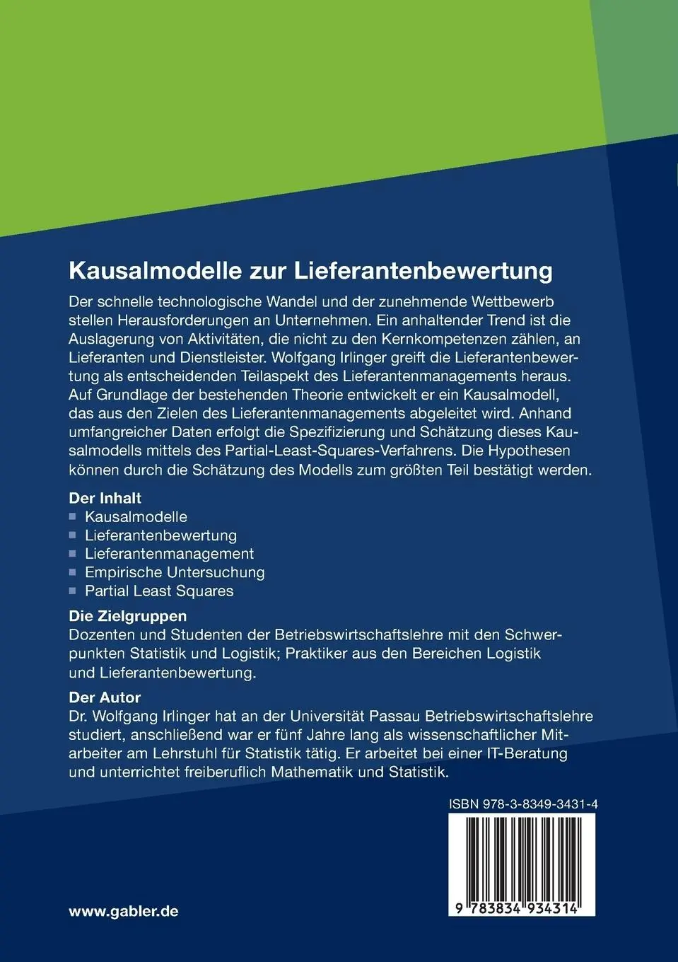Rückseite: 9783834934314 | Kausalmodelle zur Lieferantenbewertung | Wolfgang Irlinger | Buch