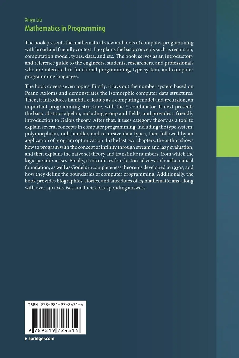 Rückseite: 9789819724314 | Mathematics in Programming | Xinyu Liu | Taschenbuch | xii | Englisch