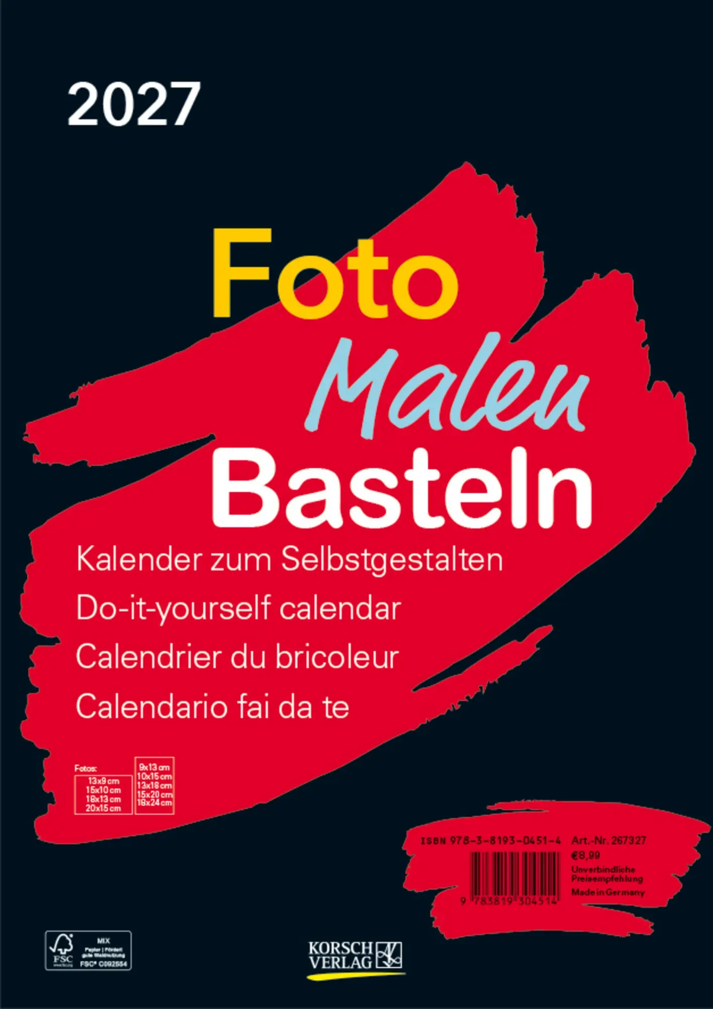 Cover: 9783819304514 | Foto-Malen-Basteln Bastelkalender A4 schwarz 2027 | Verlag Korsch