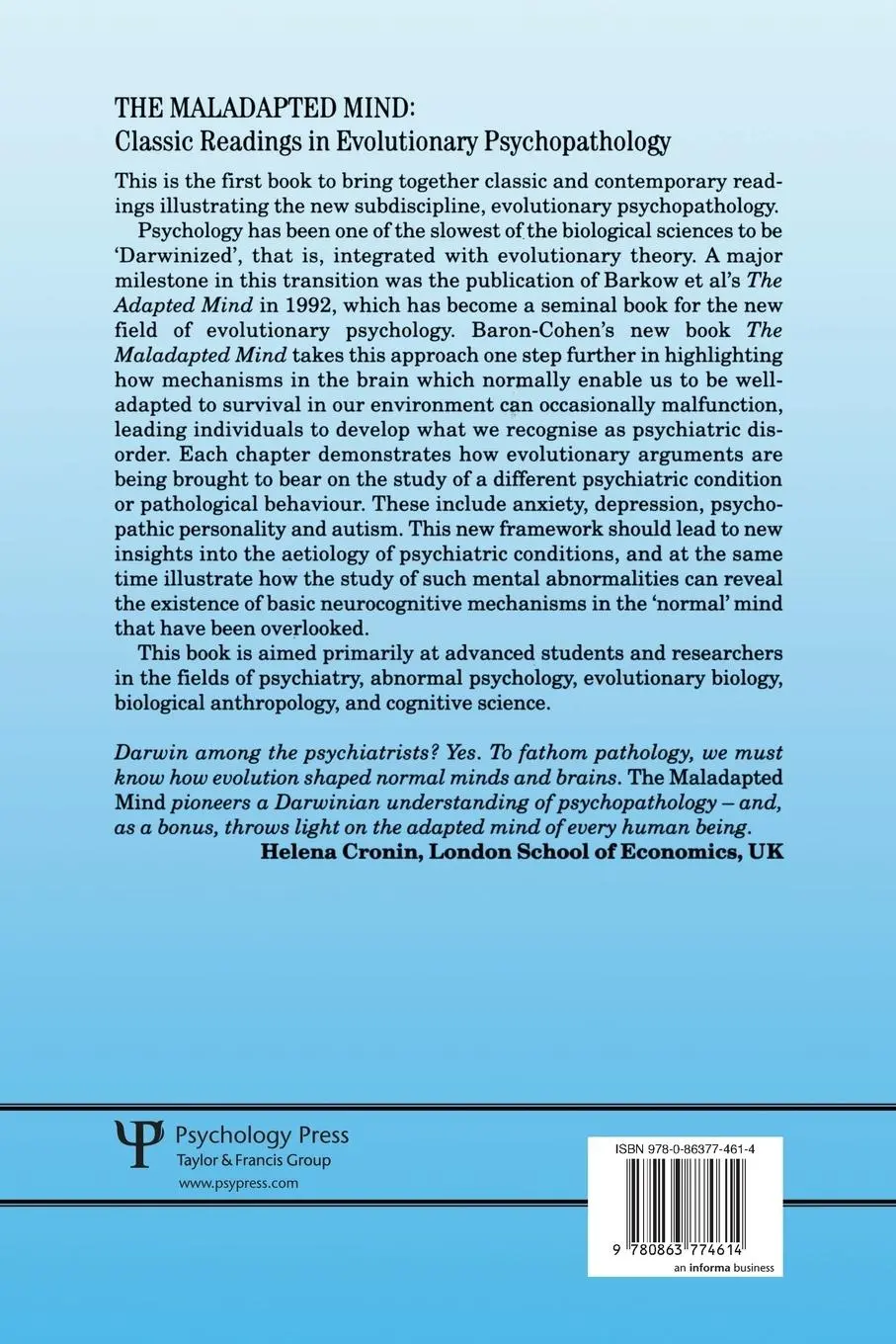 Rückseite: 9780863774614 | The Maladapted Mind | Classic Readings in Evolutionary Psychopathology